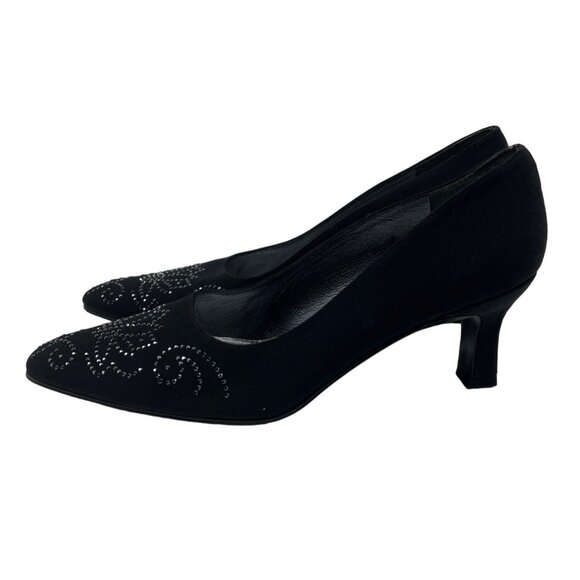 STUART WEITZMAN black Fabric Rhinestone Jeweled Flower Heels Pumps 7 - Picture 1 of 11